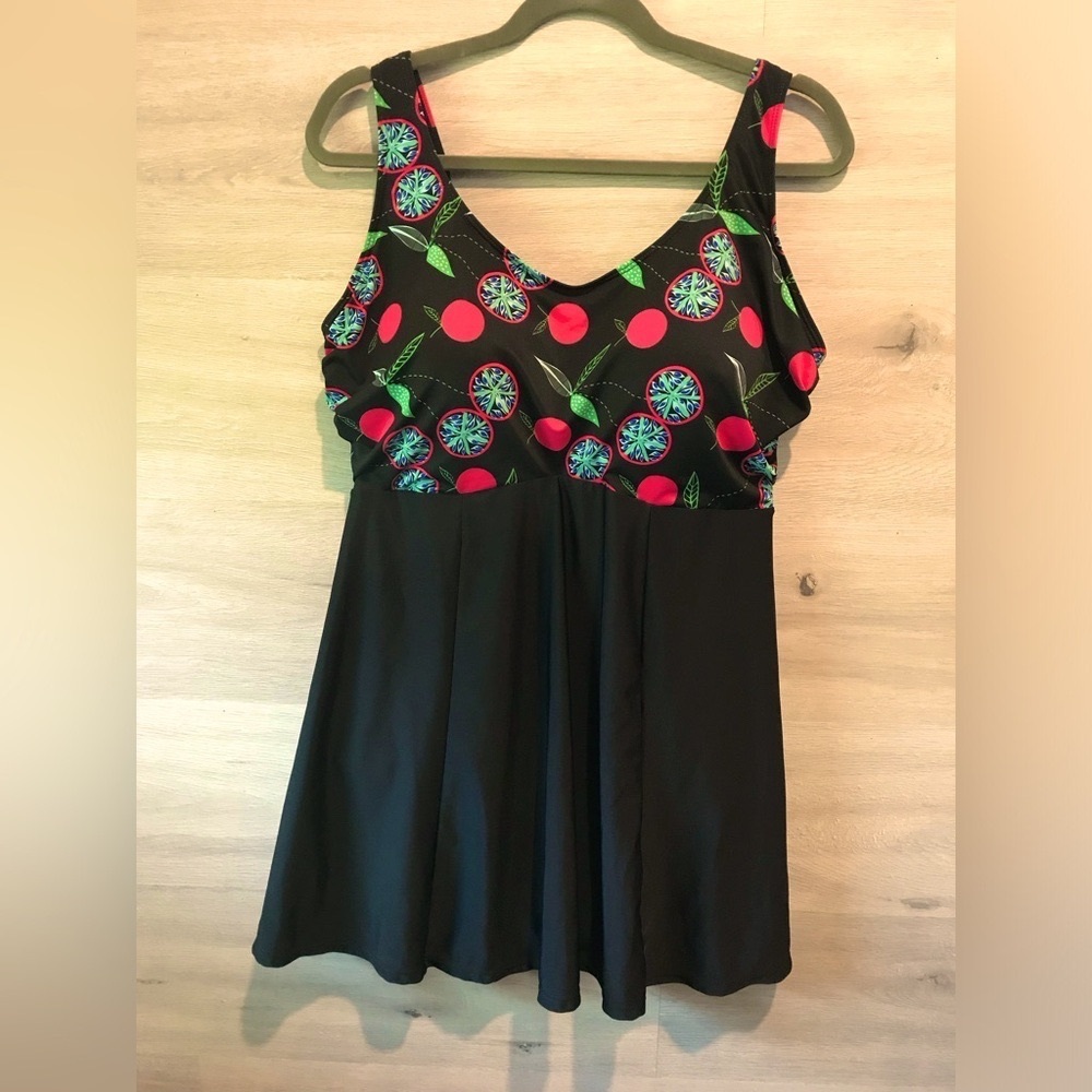 Black and Pink Cherries Multicolor Patterned SwimDress with Underwire Bra